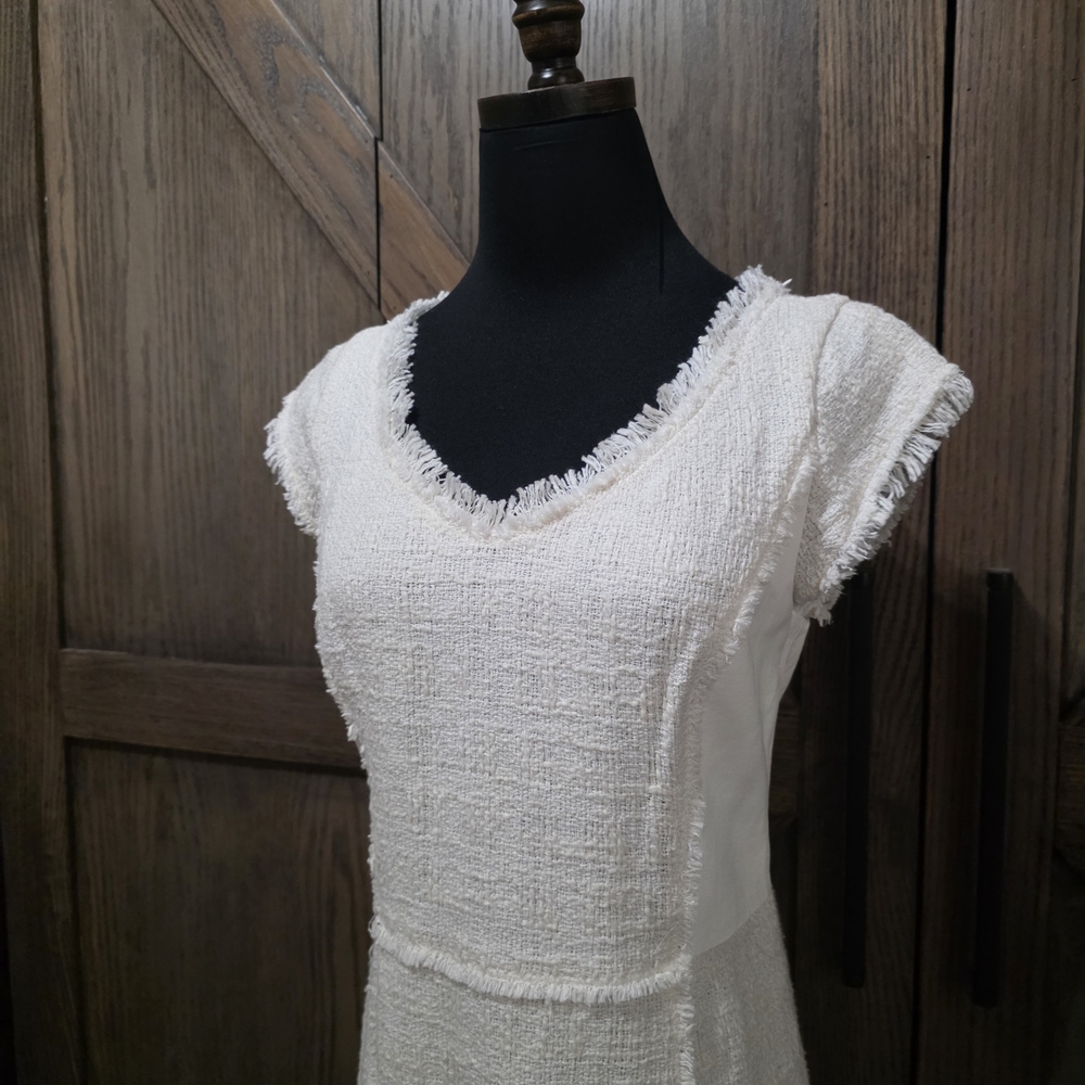 LAST CHANCE Rebecca Taylor Cream Textured V-Neck Fringe Midi Dress - Picture 2 of 5